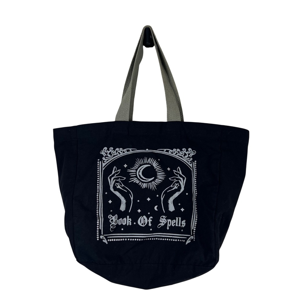 Book Of Spells Black Canvas Tote Bag Celestial Moon Witchy Gothic Bag Halloween